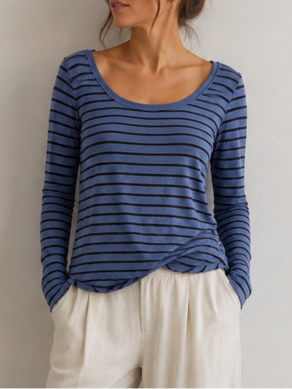 Free People Striped Blue Long Sleeve Top Size Large Shirt Boho Cotton